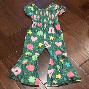 Playful Green Kids Romper with Colorful Patterns